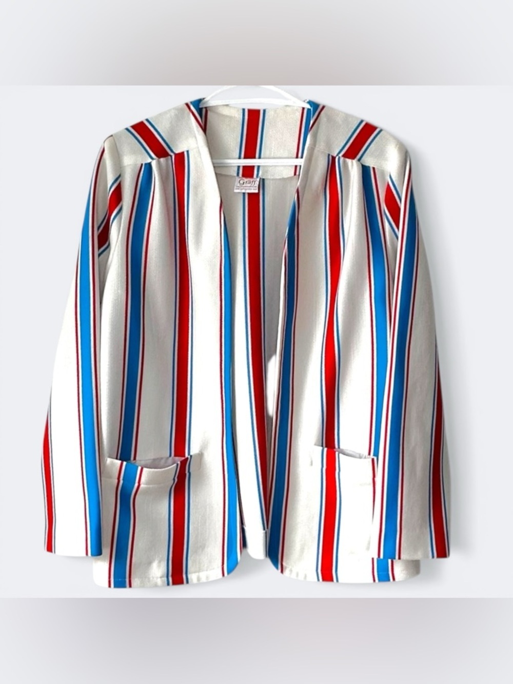 Vintage Graff Striped Open Front Blazer Cardigan Jacket Red White Blue MCM